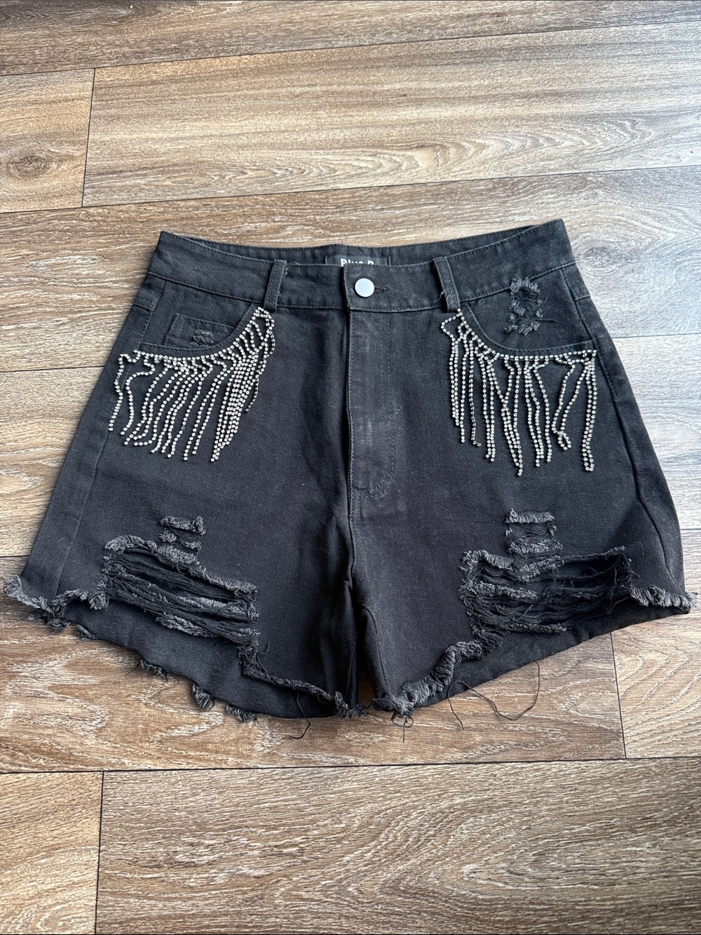 Black Distressed Jean Shorts with Rhinestone Fringe